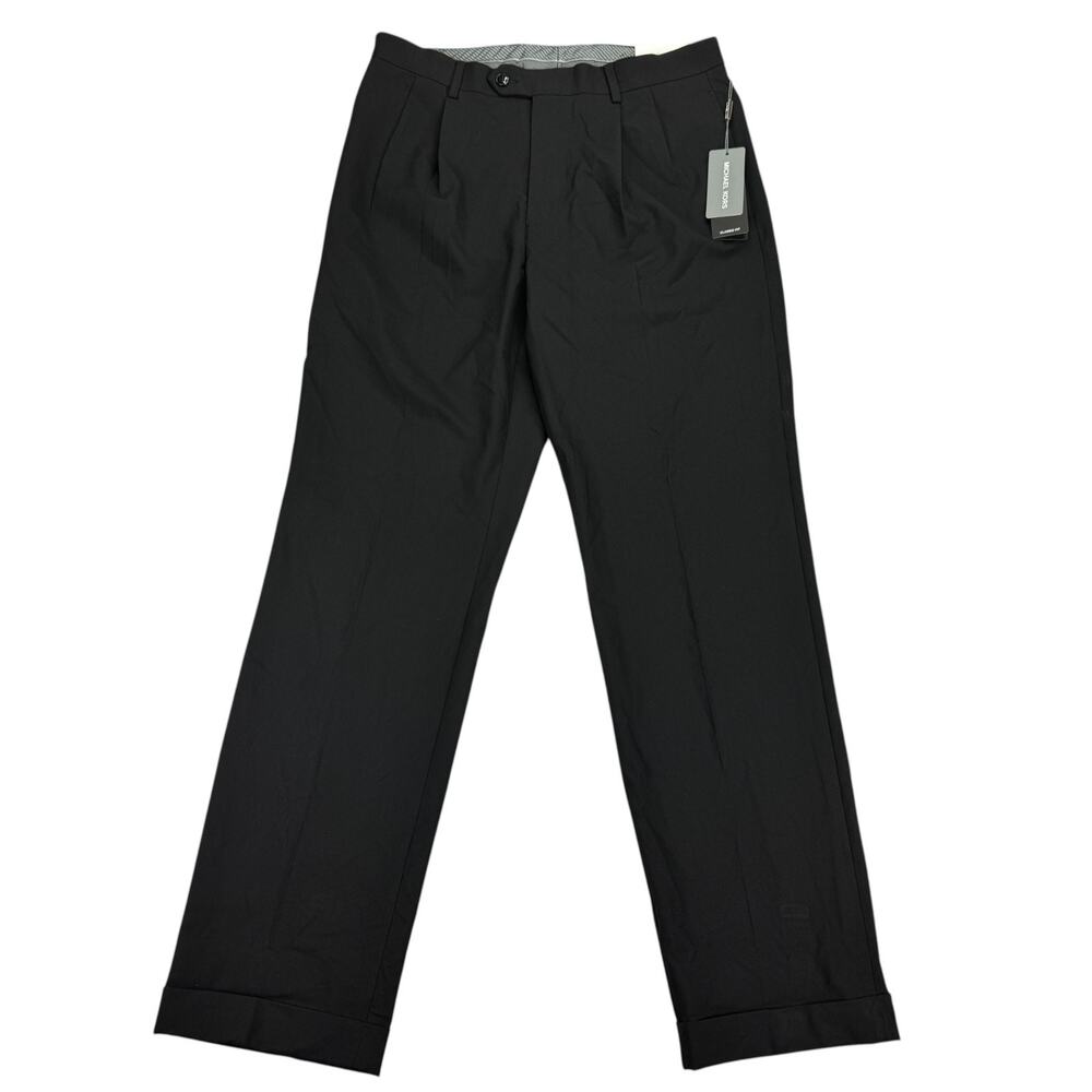 Michael Kors Mens Pleated Cuffed Solid Classic Fit Stretch Pants Black 32x32